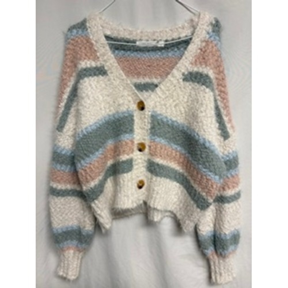 Altar'd State Womens Medium Striped Fuzzy Popcorn Knit Cropped Cardigan Sweater